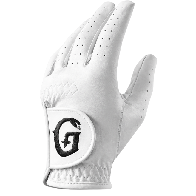 White golf glove with a black logo on a white background