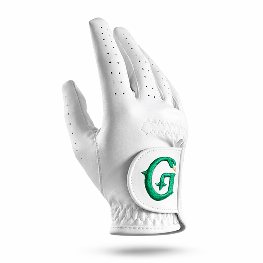 White golf glove with a green logo on a white background