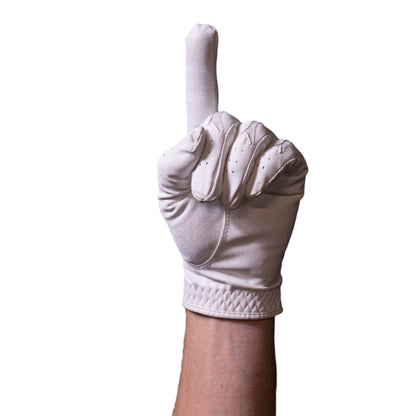 White glove making a middle finger gesture against a dark tiled wall
