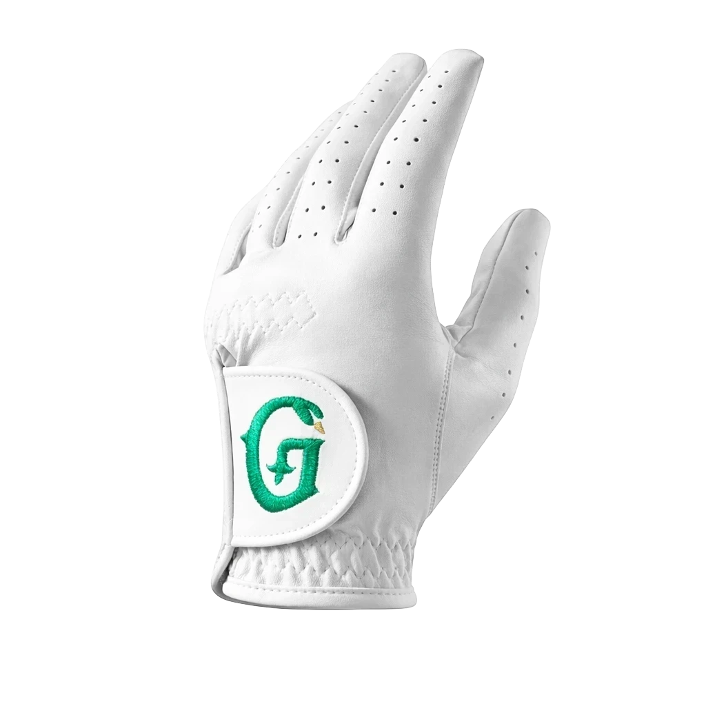 GÜS Golf LP1 white leather and synthetic golf glove with a green embroidered logo on the velcro closure