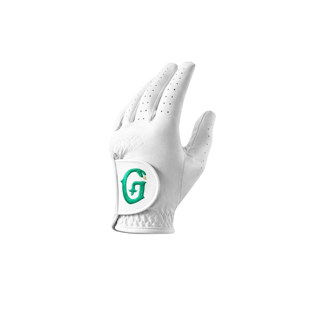GÜS Golf LP1 white leather and synthetic golf glove with green embroidered logo on the velcro closure